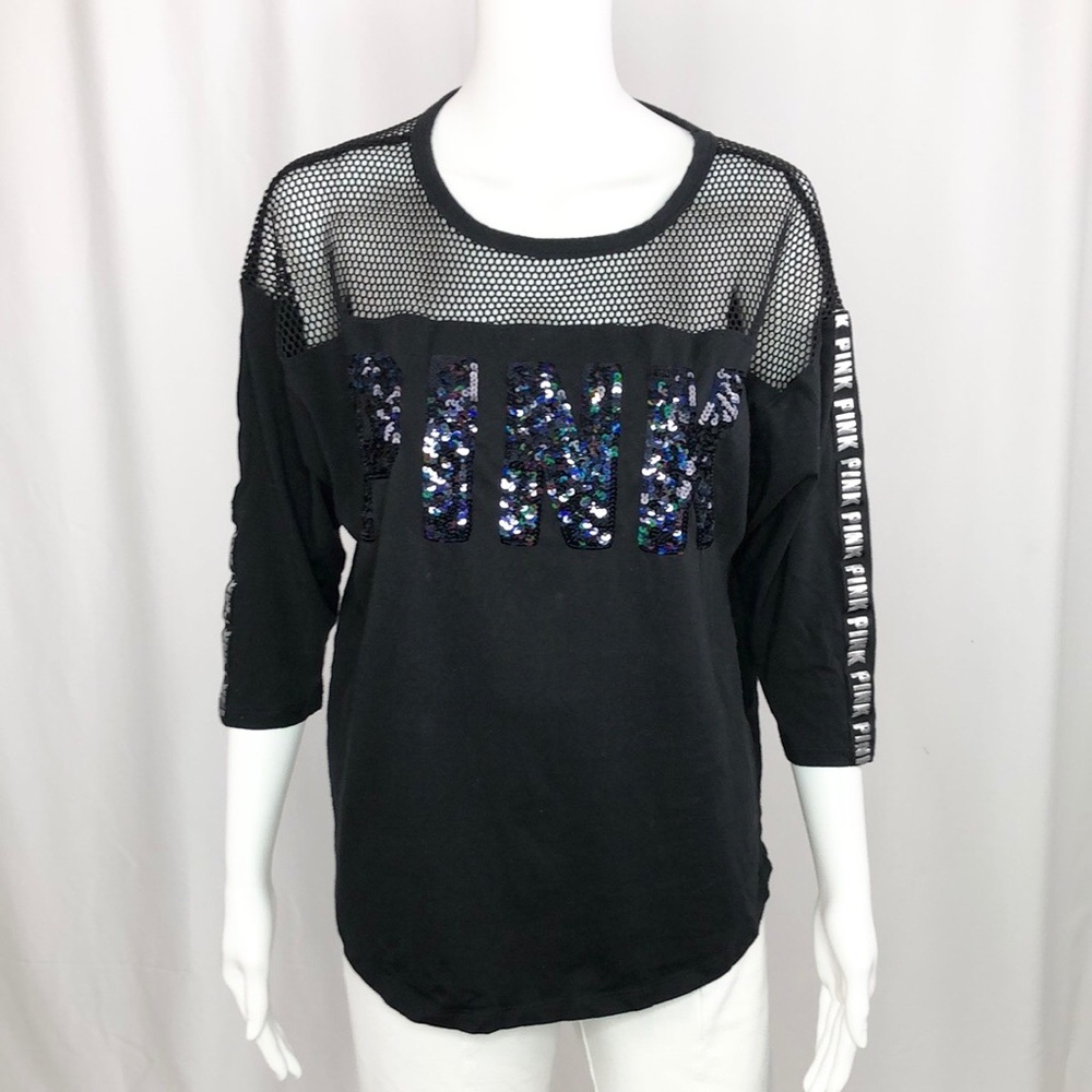 ❌SOLD❌VS PINK mesh black sequin top S - Picture 2 of 6